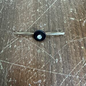 Vintage Silver Tone Black‎ Round Plastic White Rhinestone Collar Clip